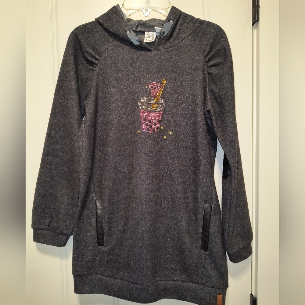 Deux par Deux Girls Size 10 Soft Charcoal Fleece Hooded Tunic Sweatshirt
